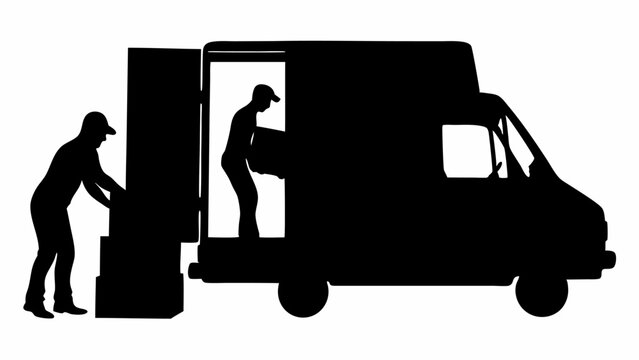 Silhouette of two movers loading boxes into a delivery truck for transportation and relocation service | eps vectors