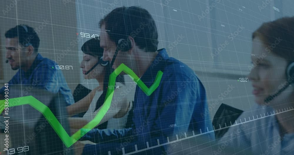 Poster call center agents monitoring live data feed for metrics with grid overlay tracing green graph