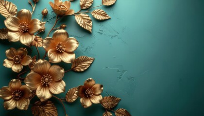 Elegant golden floral patterns on teal background create stunning design, evoking sense of luxury and beauty