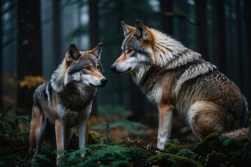 Obraz premium Two Wolves Face Each Other in a Forest with Mossy Ground and Trees