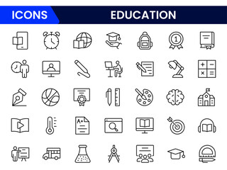 Engaging vector web line icons depicting education, learning, books, digital classrooms, and academic tools for knowledge and skill advancement.
