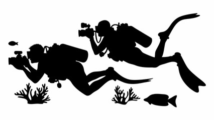 Silhouette of two scuba divers with cameras swimming underwater near coral and fish in the ocean water | eps vectors
