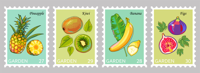Postage stamps with fruits. Fruit stickers with figs, pineapple, kiwi and banana on colored backgrounds. Whole and sliced ​​fruits with leaves. Set of hand drawn vector illustrations. Cartoon.