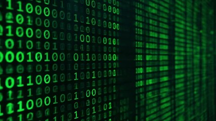 Abstract background of binary coding wall with flickering green numbers