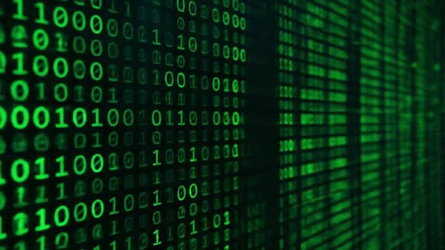 Abstract background of binary coding wall with flickering green numbers