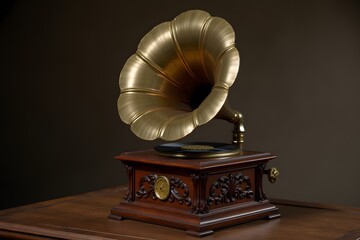 Detailed gramophone with carved woodwork and brass horn.
