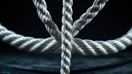 Frayed white rope isolated on black background, close-up of textured material with fraying details.