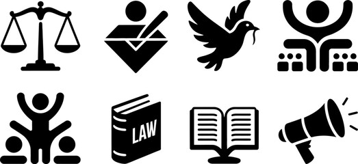 Justice law rights equality freedom vote peace legal advocacy symbols vector graphic illustration set editable stock vector illustration
