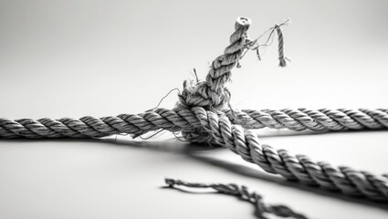 Frayed rope on the verge of breaking against a white background, banner design. Concept of cheating.