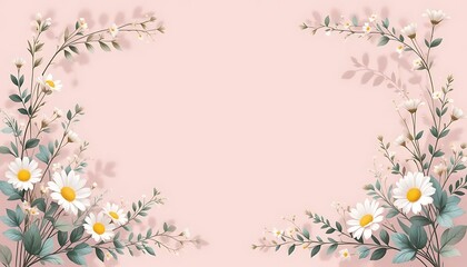 Fototapeta premium Elegant daisy flower frame on a soft pink background, ideal for invitations, greeting cards, wedding templates, or social media posts.