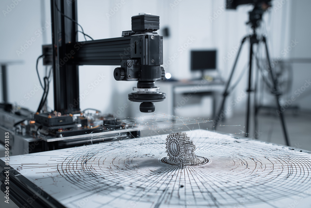 Fototapete a structured light 3d scanner is capturing a detailed scan of a small mechanical part on a turntable