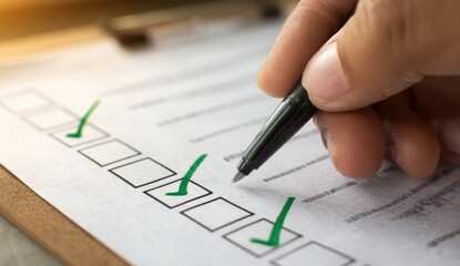 A persons hand holding a pen marks a checklist with green checkmarks