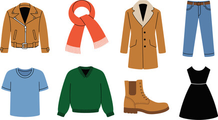 Shop stylish fall winter apparel collection fashion clothing jacket scarf coat jeans shirt sweater boot dress editable stock vector illustration