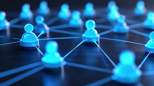 Blue digital icons representing people connected through a network on a dark surface, symbolizing communication and social networking. - Powered by Adobe