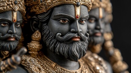 Detailed close-up of a Hindu deity statue, showcasing intricate features and rich colors