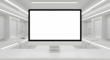 Fototapeta premium Modern White Office Space Futuristic Computer Mockup Blank Screen Technology Design Minimalist Interior Workspace