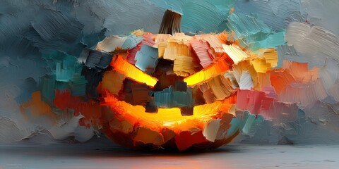 Glowing jack-o'-lantern in expressive impasto style with vibrant brushstrokes on textured background. Concept of Halloween, artistic fantasy, and festive creativity