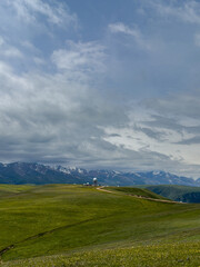 Idyllic summer landscape with wildflowers in the foreground, rolling green hills, and a distant observatory against a backdrop of snow-capped mountains. Assy plateau, Almaty, Kazakhstan