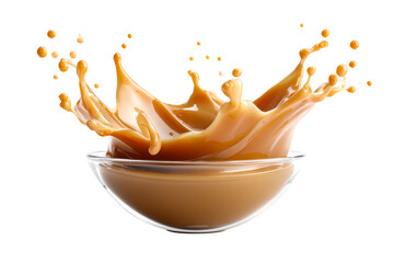 Creamy splash of coffee in a glass bowl on a transparent background