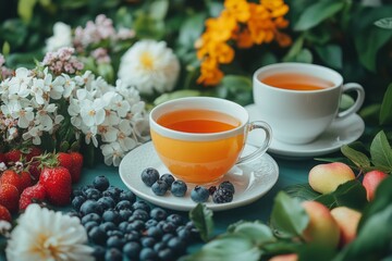 Sunlit Serenity, Waffles, Tea, and Flowers. Generative AI
