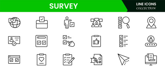 Precise vector web line icons depicting surveys, questionnaires, feedback, data collection, and analytics for insightful decision-making and user engagement.