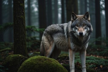 Fototapeta premium Gray Wolf Standing Tall in a Dense Forest with Mossy Ground