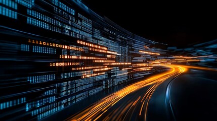 Abstract digital data stream glowing binary code lines curve like a highway at night