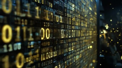 Digital background with glowing binary code on angular wall surface