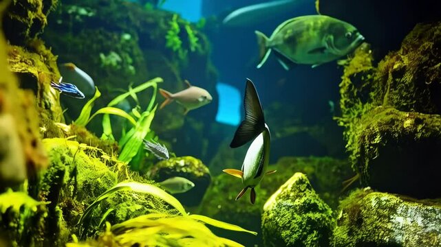 Silver Pacu fish swimming in a freshwater aquarium with bright green mossy stones and other fish in the background and clean blue water