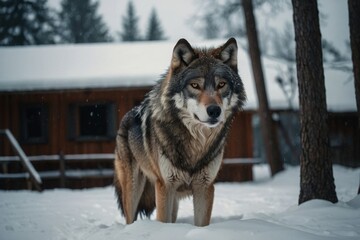 Fototapeta premium Wolf standing alert in deep snowy landscape near a rustic wooden cabin