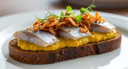 Danish Smørrebrød with Herring. traditional open-faced sandwich with pickled herring, curry sauce, crispy onions, micro herbs on dark rye bread