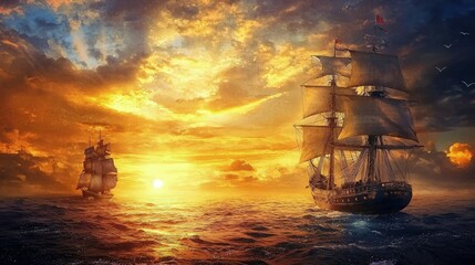 Obraz premium Two sailing ships encounter a golden sunset.