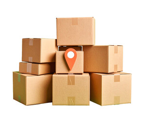 Stack of cardboard boxes with location pin isolated on a white background