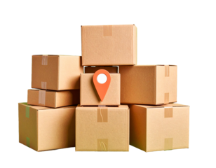 Stack of cardboard boxes with location pin isolated on a white background