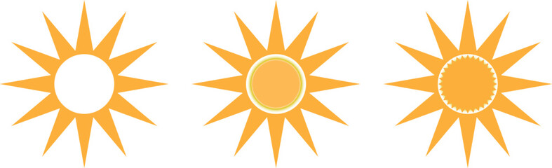 Yellow,sun and sunlight. Hot solar energy for tan. Vector sign,yellow sun icon Sun simple icons collection. Vector illustration Yellow sun icon set, sunshine and solar glow,