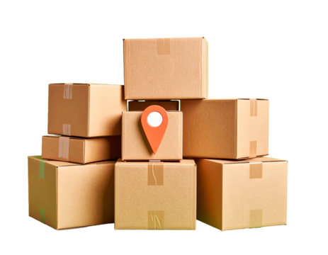 Stack of cardboard boxes with location pin isolated on a white background