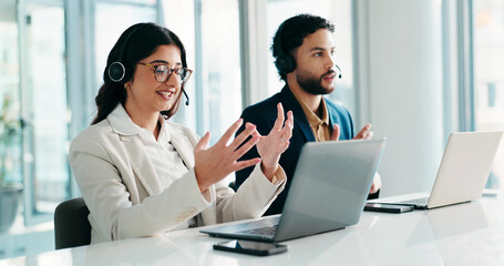 Woman, call center and laptop with explaining for customer service, coworking and advice with client. Discussion, communication and consultant with colleague by pc for CRM, hand gesture or help desk