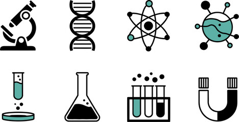 Science and laboratory equipment vector icons for research biology chemistry and medical experiments set up 100 editable stock vector illustration