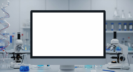Blank computer screen in modern lab with microscopes research science technology medicine healthcare innovation discovery development experiment