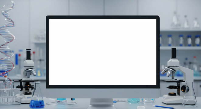 Blank computer screen in modern lab with microscopes research science technology medicine healthcare innovation discovery development experiment