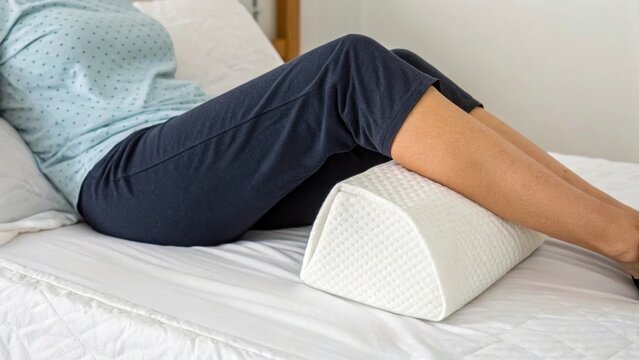 Comfortable leg elevation on a bed using a supportive wedge pillow.