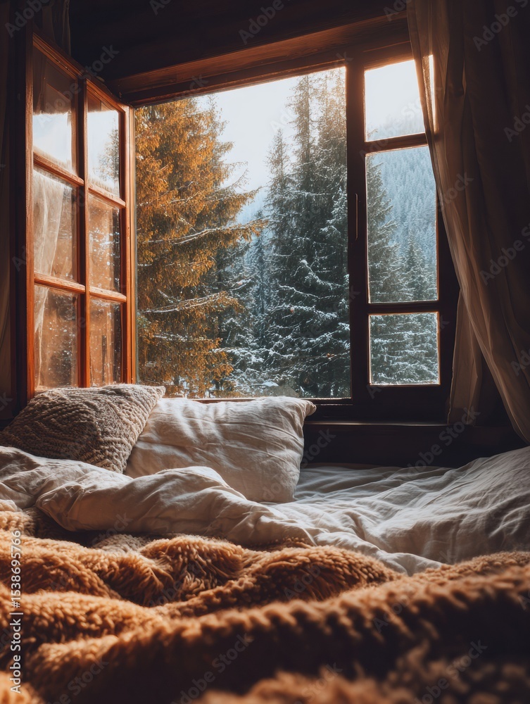 Aufkleber Cozy Warm Room With Open Window and Blanket Creating a Peaceful Atmosphere for Relaxation and Comfort in a Serene Setting