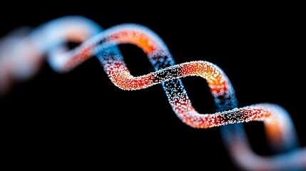 Abstract DNA double helix structure orange and blue strands with glowing particles on a black background