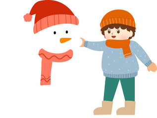 child building a snowman in winter