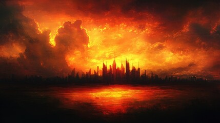 Dramatic Sunset Over Silhouetted Cityscape with Fiery Sky and Reflections on Water Surface