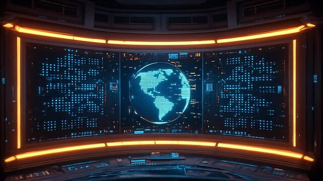 Futuristic control room wall covered with binary sequences and techno lights