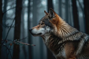 Side profile of a wolf in a forest environment with muted tones and focused gaze