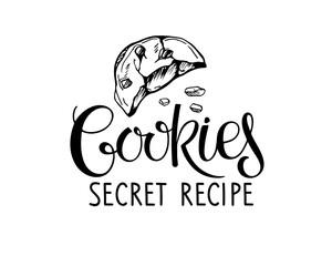 Cookies Secret Recipe lettering with hand drawn Cookie sketch isolated on white. Typography poster for kitchen art, menu, shop, cafe, recipe books. Hand written brush calligraphy quote. Sweet dessert.