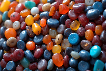 A vibrant collection of smooth stones in various colors, showcasing their natural beauty under soft afternoon light. The arrangement highlights unique shapes. Generative AI.