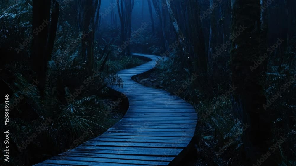 Poster a winding wooden path through dense trees and foliage